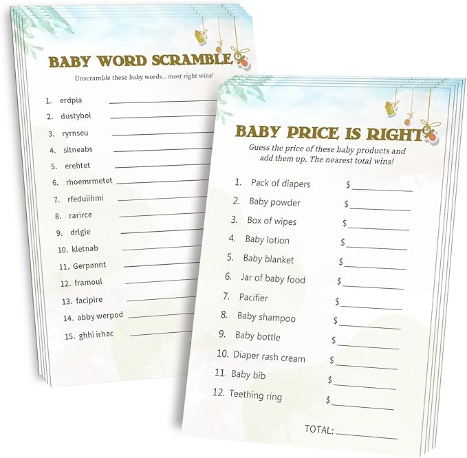 Baby Shower Games for Boy or Girl-2 Games(50 of Each),Baby Shower Word Scramble Game&Price is Right,Double-Sided,Fun,Hilarious,and Easy to Play,Gender Neutral,with Answer Keys