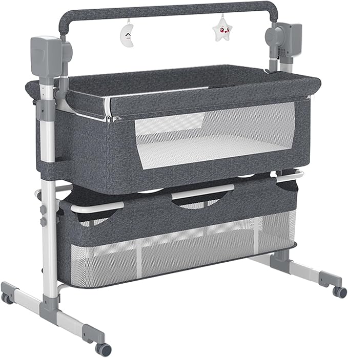 Electric Bluetooth Smart Next to Me Crib, Bassinet Cradle with Lullaby Music, Baby Bedside Crib for Newborn, Baby Co-Sleeper Cot with Mattress, Remote and 5 Swaying Gears (MG601-Grey)