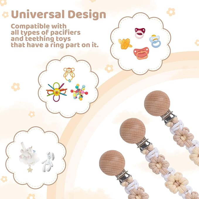 Pacifier Clip for Boys Girls Floral Daisy Macrame Baby Paci Clip Pacifier Holder Leash Boho Wooden Clips Handmade Braided Cotton Binky Clips (1pack:Light Yellow Daisy A)