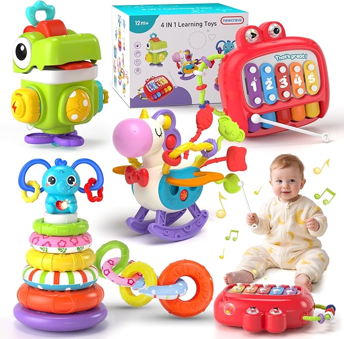 4 in 1 Baby Toys for 6 to 12 to 18 Months, Infant Sensory & Stacking for 1+ Year Old, Busy Cube Toys for Babies 6 - 12 Months, Piano Xylophone Musical Travel Toys, Christmas Birthday Gifts for 1 - 2