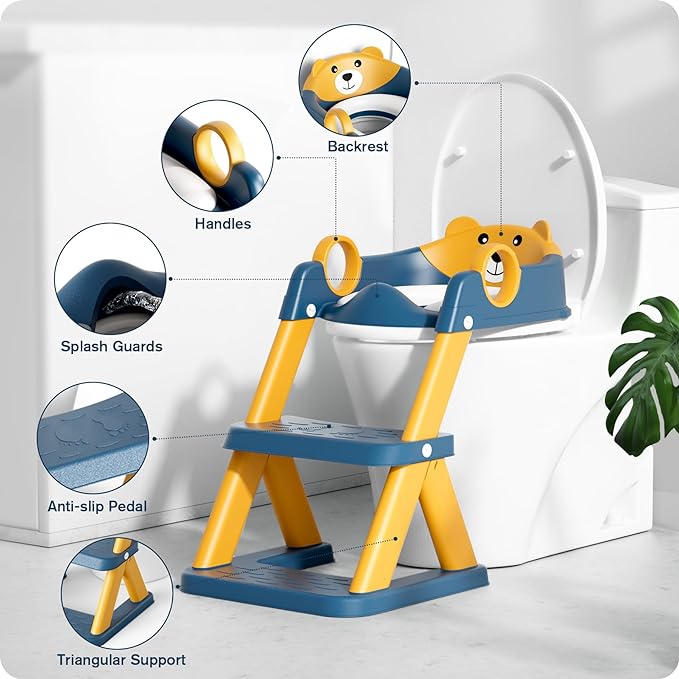 Potty Training Seat, Upgrade Toddler Toilet Seat for Kids Boys Girls, 2 in 1 Potty Training Toilet for Kids, Splash Guard Anti-Slip Pad Step Stool(Blueyellow)