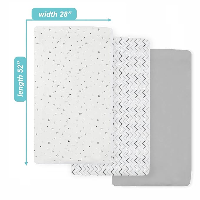 American Baby Company 3 Pack 100% Natural Cotton Fitted Crib Sheets 52" x 28" - Soft, Breathable, Hypoallergenic & Gentle Toddler Bed Sheets, Grey Star/Zigzag, Neutral for Boys & Girls