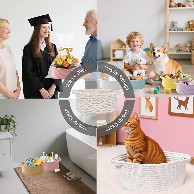 Gift Basket with Gift Bag and Ribbons,Small Rope Woven Shelf Storage,Baskets for Gifts Empty,Birthday,Shower,Decorative Organizer Box for Cat Dog Pet with Handles(Colorful Thread)