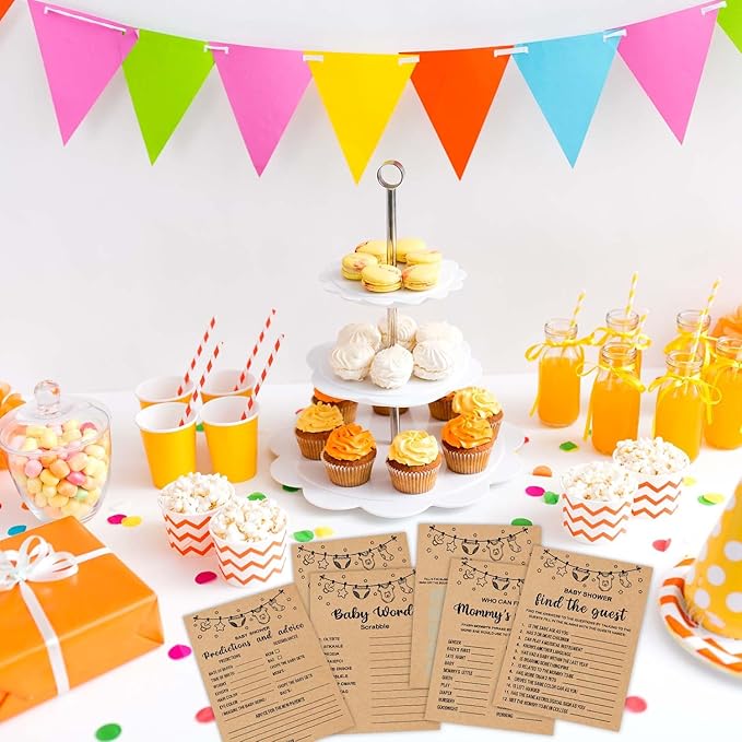 Baby Shower Games Bundle for 50 Guests, 6 Fun Activities: Find the Guest, Predictions, Finish Mommy's Phrase, Beer or Baby, Word Scrabble, Bingo