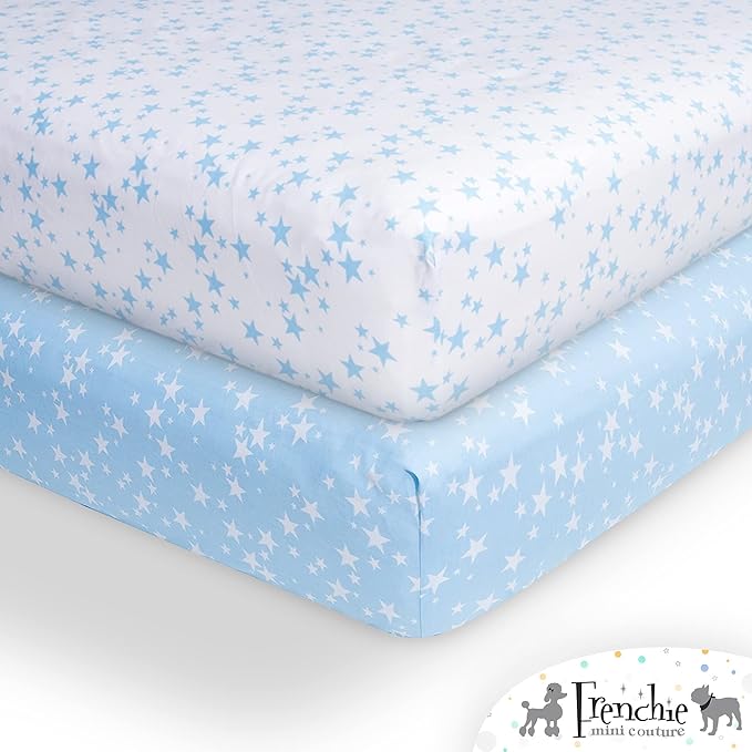 Fitted Pack n Play Sheets,100% Cotton Standard Mattress, Blue Stars, 27 x 39in, 2-Pack