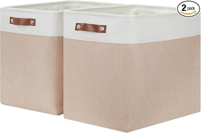 HNZIGE Large Fabric Storage Basket for Shelves, Rectangular Storage Bins Baskets for Storage, Canvas Collapsible Storage Bins with Handles for Organizing Home, Closet(White Beige)