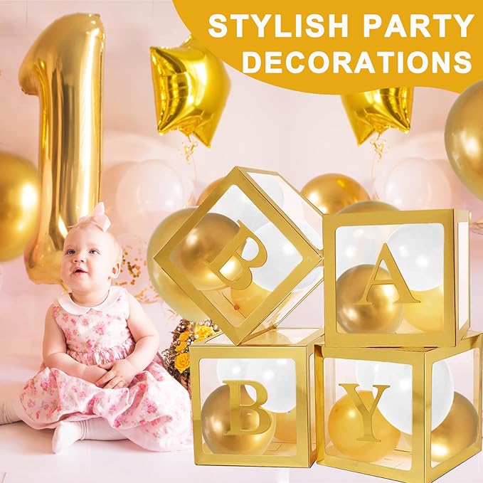 Ledido Gold Baby Boxes with Letters for Baby Shower, 4Pcs Clear Balloon Boxes with 43 Letters for Gender Reveal Birthday Wedding Baby Shower Decorations