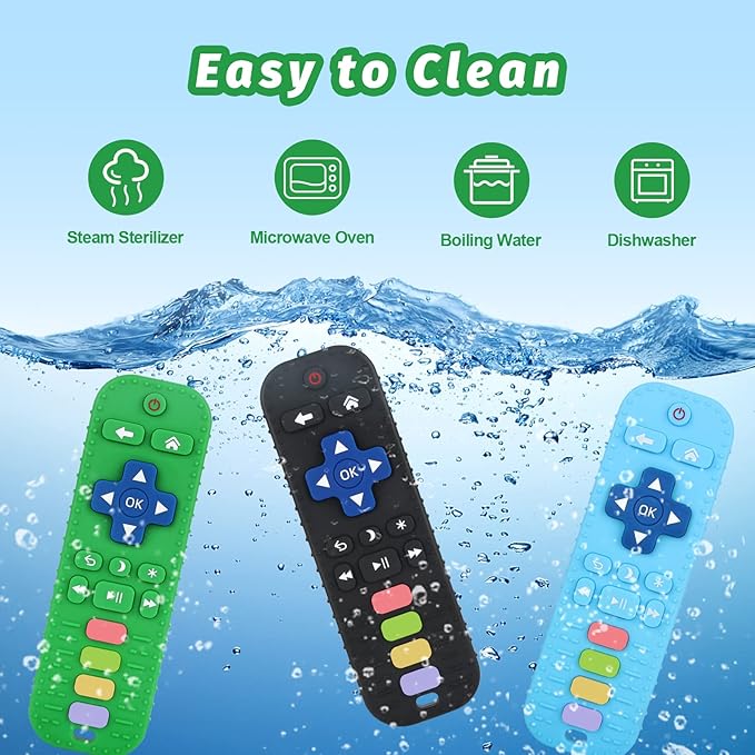 Fu Store 3 Pack Baby Teether Toy Chew Toy for Babies 0-12 Months 6-36 Months TV Remote Control Shape Teething Relief Baby Toys for Infants Developmental Soothe Babies Gums Gifts Set, Black Blue Green