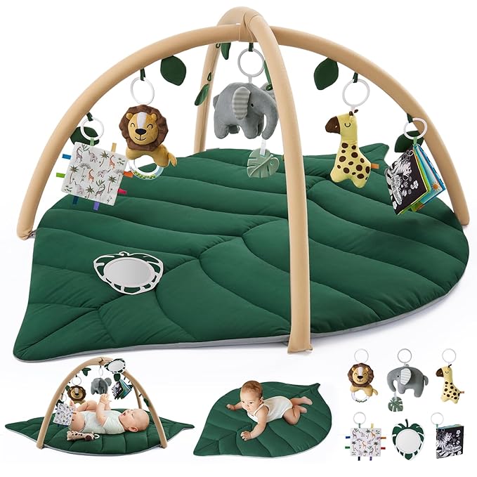 Blissful Diary Baby Play Gym & Activity Mat, Oversize Leaf Shaped Tummy Time Baby Play Mat w 6 Detachable Toys Promotes Motor Skills & Sensory Development, Newborn Infant Essentials Gift, Forest Green