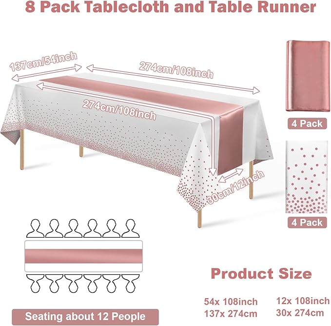 8Pack Disposable Plastic Tablecloths and Satin Table Runner Set White and Rose Gold Dot Tablecloth Rose Gold Satin Table Runner for Wedding Birthday Anniversary Christmas New Year Party Decorations
