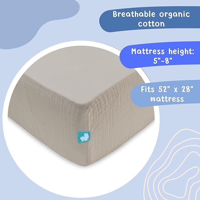 Hugs & Llamas | 100% Organic Cotton Muslin Fitted Sheet | Baby Crib Sheets for Boys & Girls - Neutral (Toasted Almond)