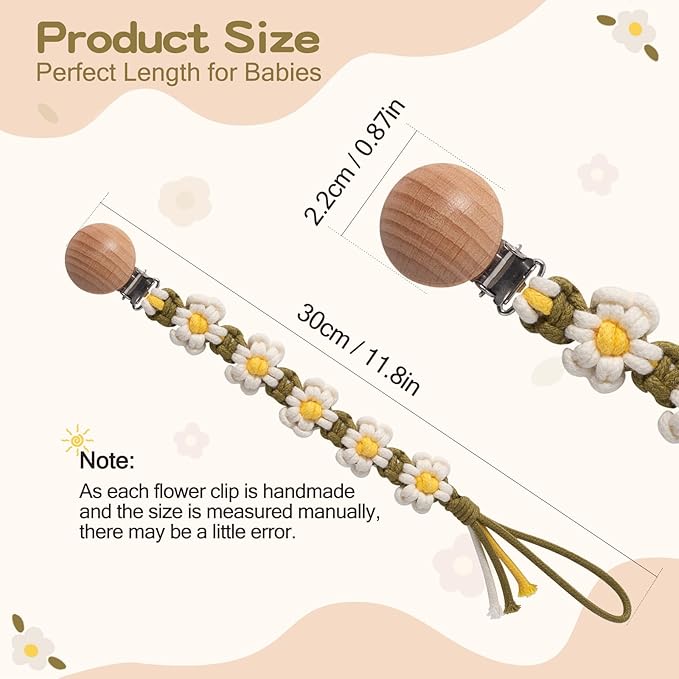 Pacifier Clip for Boys Girls Floral Daisy Macrame Paci Clip Pacifier Holder Leash Boho Wooden Clips Handmade Braided Cotton Unisex Baby Shower Birthday Gift