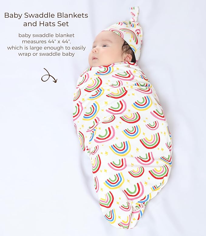 Newborn Swaddle Blanket with Hat Set,Unisex Baby Receiving Blanket Nursery Wrap for Girls and Boys, Viscose Made from Bamboo Rainbow One Size