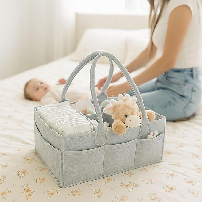 PUTSKA Nursery Storage Basket - Baby Diaper Caddy Organizer for Diaper Station, Newborn Essentials, Baby Shower Gifts and Registry Must-Haves for Boy or Girl