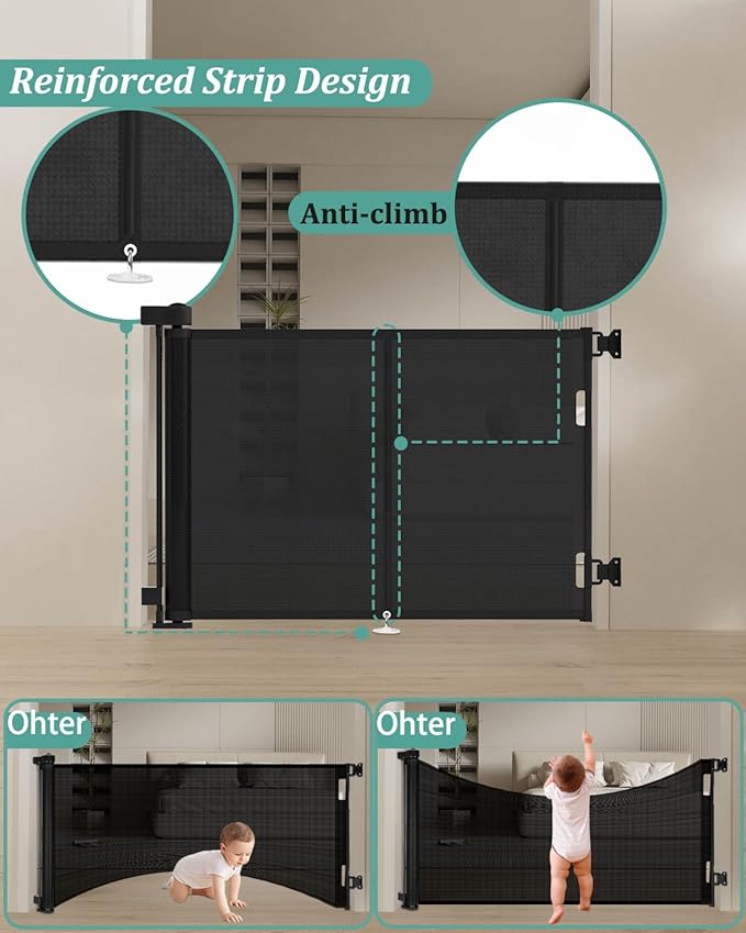 Upgraded 50" Retractable Baby Gates with Reinforced Strip Design to Prevent Crawling Through, 34" Tall Retractable Dog Gate, Retractable Gates for Stairs, Doorways, Hallways