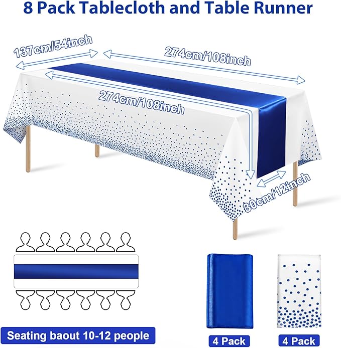 8Pack Disposable Plastic Tablecloths and Satin Table Runner White and Royal Blue Dot Tablecloth Blue Satin Table Runner for Wedding Birthday Baby Shower Anniversary Christmas New Year Party Supplies