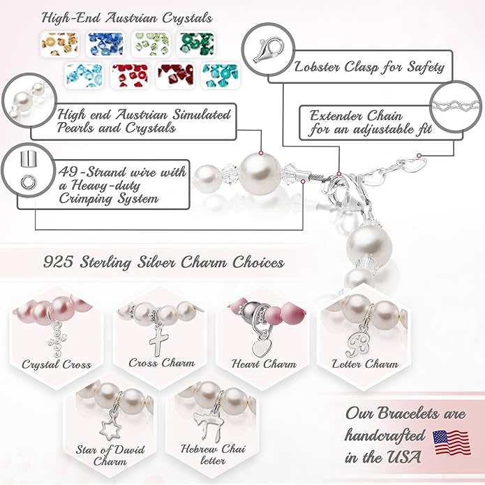 Sterling Silver Initial Charm Personalized Birthstone Bracelets for Girls, Baby Girl, Birthday Gifts for, Newborn, infant, Toddler, Teen, Pearl Bracelet, Birthstone Jewelry Crystals