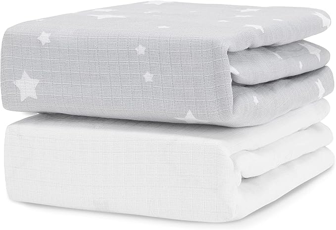 Newton Baby Organic Fitted Crib Sheet (2-Pack) - Ultra Breathable and Soft, 100% Organic Muslin Cotton, Stardust Print in Twilight Grey + Solid White, Fits All Standard Cribs