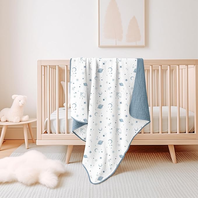 Konssy Muslin Baby Blankets for Girls Boys, 100% Cotton Crib Blanket for Infant Toddler, Super Soft and Lightweight Nursery Swaddling Wrap 40"x36" (Star)