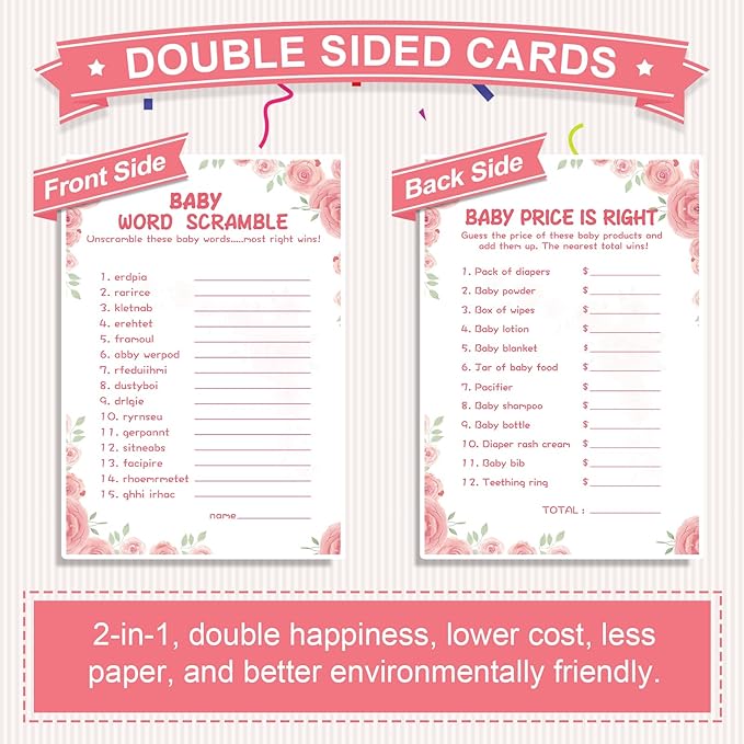 Baby Shower Games for Girl-2 Games(50 of Each),Baby Shower Word Scramble Game&Price is Right,Double-Sided,Thick Cardboard,Fun,Hilarious,with Answer Keys