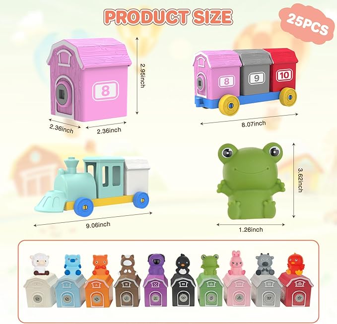Toddler Learning Toys for 1 2 3 Years Old,Counting, Color Recognition & Math Skills Montessori Toy Farm Animals Train with 10 Finger Puppets, Birthday Educational Gift for Baby Toddler Boys Girls