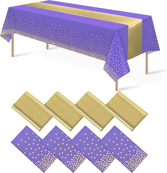 8Pack Disposable Plastic Tablecloths and Satin Table Runner Set Purple and Gold Dot Tablecloth Gold Satin Table Runner for Wedding Birthday Baby Shower Anniversary Christmas New Year Party Supplies