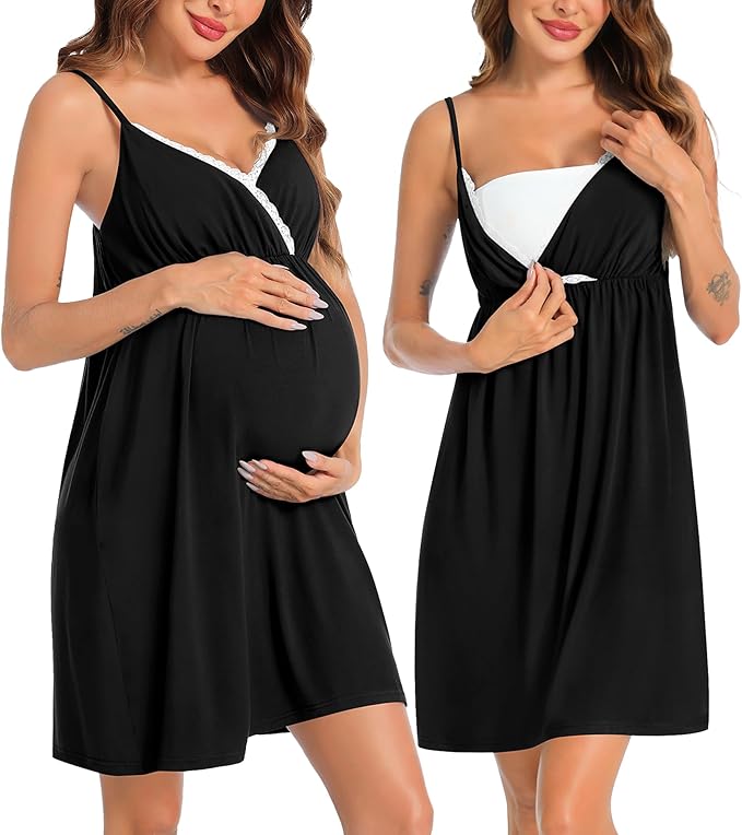 SWOMOG Womens Maternity Robe 2 Piece Nursing Nightgown for Breastfeeding 3 in 1 Labor Delivery Nursing Dress Lace Bathrobe