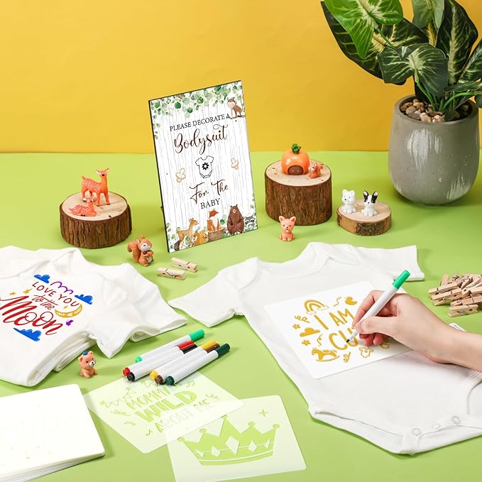 Panitay 126 Pcs Baby Shower DIY Bodysuit Set Rustic Kraft Baby Shower Game Sign DIY Bib 25 Blank White Newborn Bodysuit 25 Stencils 24 Marker 1 Sign 50 Pins for Gender Reveal(Woodland Animals)