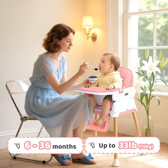 JOYMOR 5 in 1 Baby High Chair for Babies and Toddlers, Portable Highchair Fold Compact, ConvertibleBaby Feeding Chair Booster for Eating with Detachable Double Tray, 5 Point Harness (Pink)