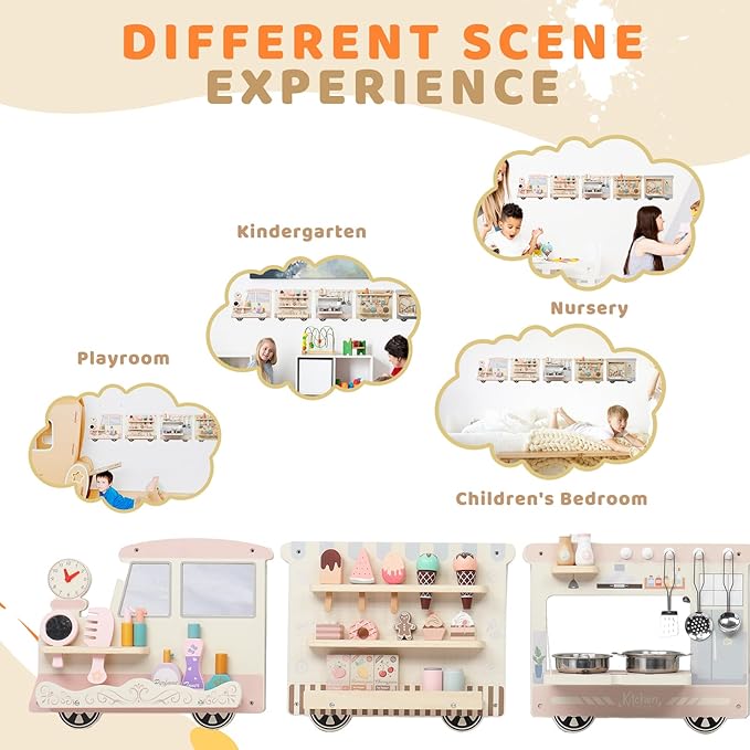 JOYMOR Wooden Train Wall Busy Board Activity, Sensory Wall Panel for Kids, Toddler Montessori Learning Activity Center for Playroom,Daycare, Ideal Educational Gift