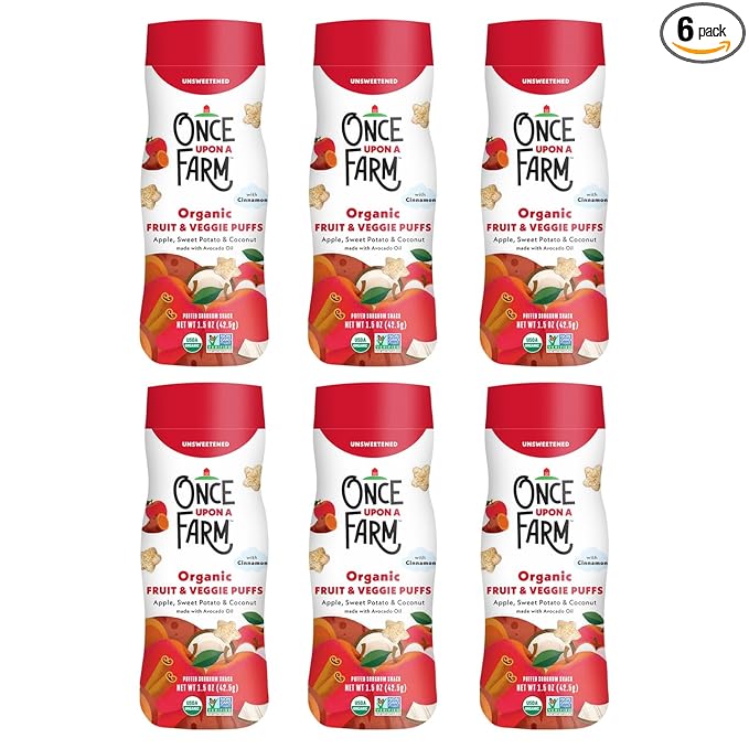 Once Upon A Farm Apple, Sweet Potato & Coconut Puffed Sorghum Snack, Fruit & Veggie Puffs, Non GMO, 1.5 Ounces (Pack Of 6)