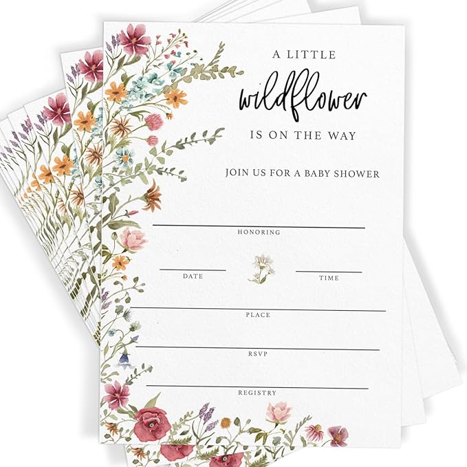 Printed Party Baby Shower Invitations with Envelopes – Wildflower Theme for Girl, Baby In Bloom Sprinkle, Set of 30