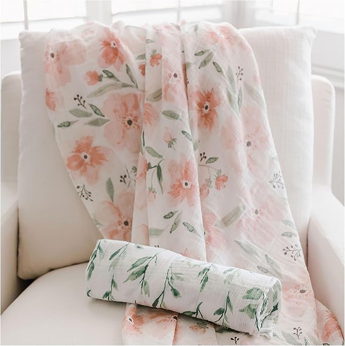 Crane Baby 100% Cotton Muslin Swaddle Blankets, Pink Floral, 47" x 47", Baby Swaddles for Newborns, Pink Floral, Swaddlers for Newborn Girl