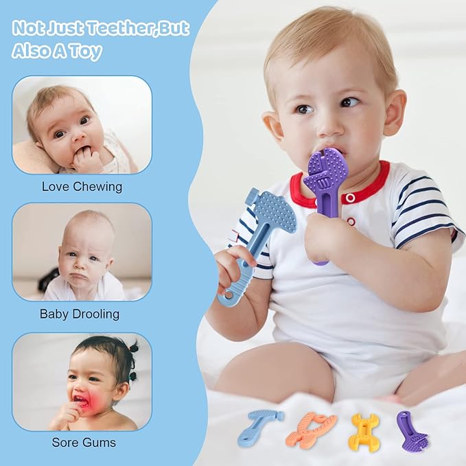 4 Pack Chew Baby Teething Toys for 0-12 Months, Freezable BPA Free Silicone Baby Molar Teether Chew Toys, Hammer Wrench Spanner Pliers Shape Baby Girl's Boy Car Seat Toy