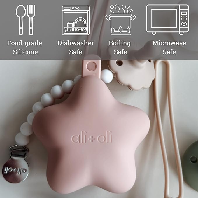 Ali+Oli BPA-Free Silicone Pacifier Holder Case (2-pk) Diaper Bag Accessory Newborn Travel Baby Pacifier Pouch (Blush-Sand)