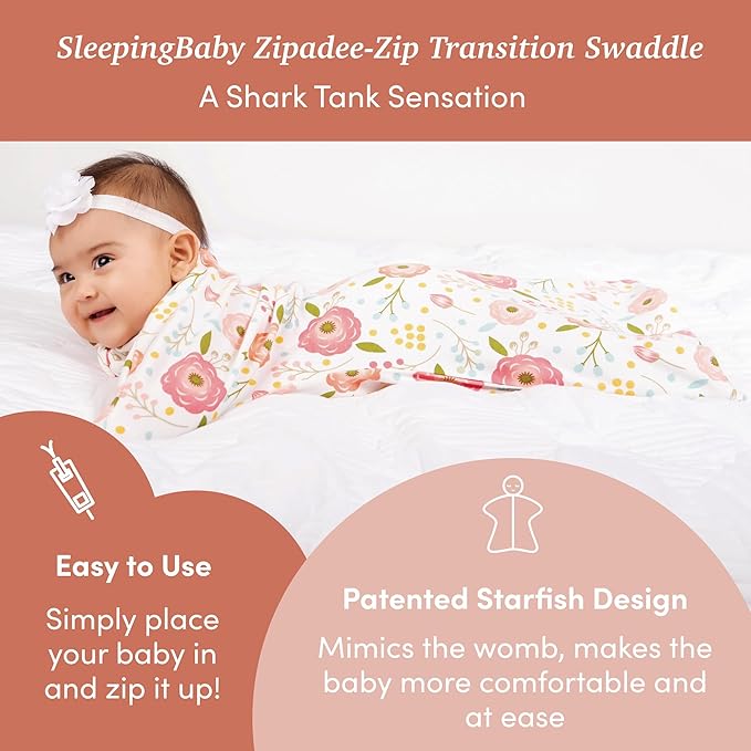 SleepingBaby Zipadee-Zip Transition Swaddle (Pretty Poppy, X-Small for 3-6 Months) and Snuggle Strap (Grey, One Size) - Wearable Baby Blanket and Accessory for Easy Diaper Changes - Polyester, Spandex