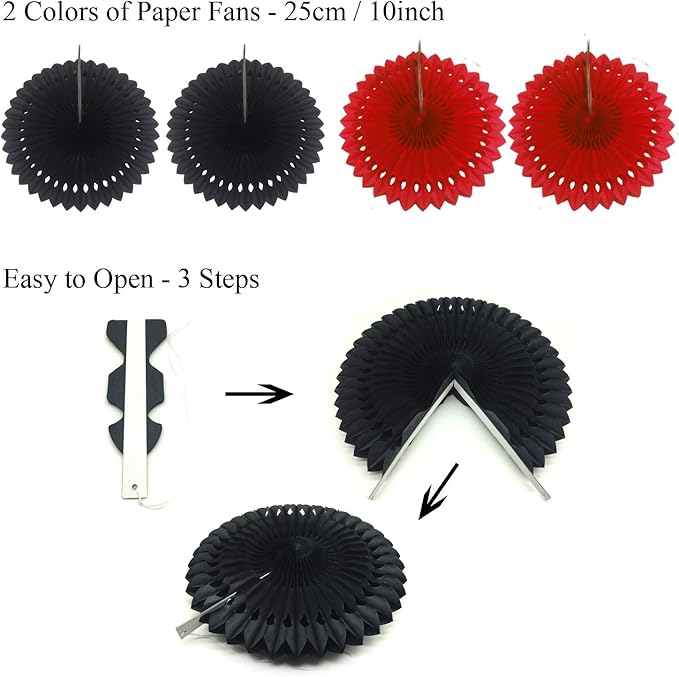 ZERODECO Party Decoration, 21 Pcs Black and Red Hanging Paper Fans Pom Poms Flowers, Garlands String Polka Dot and Triangle Bunting Flags for Minnie Mouse Birthday Parties Baby Showers Wedding