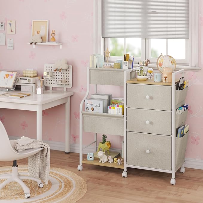 Baby Diaper Caddy, 3 Tier Baby Organizer and Storage Cart with Dividers and Drawers, Mobile Utility Rolling Cart, Newborn Baby Essentials Storage Cart with Wheels for Nursery, Bedroom, Beige