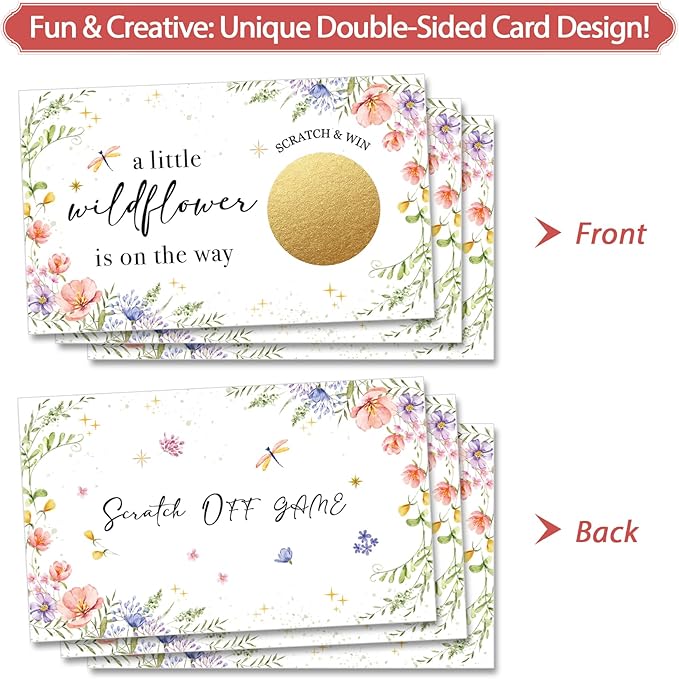 Baby Shower Game Scratch Off Cards Girl, A Little Wildflower is On The Way, Floral Printed Scratch Off Party, 50 Cards -c1