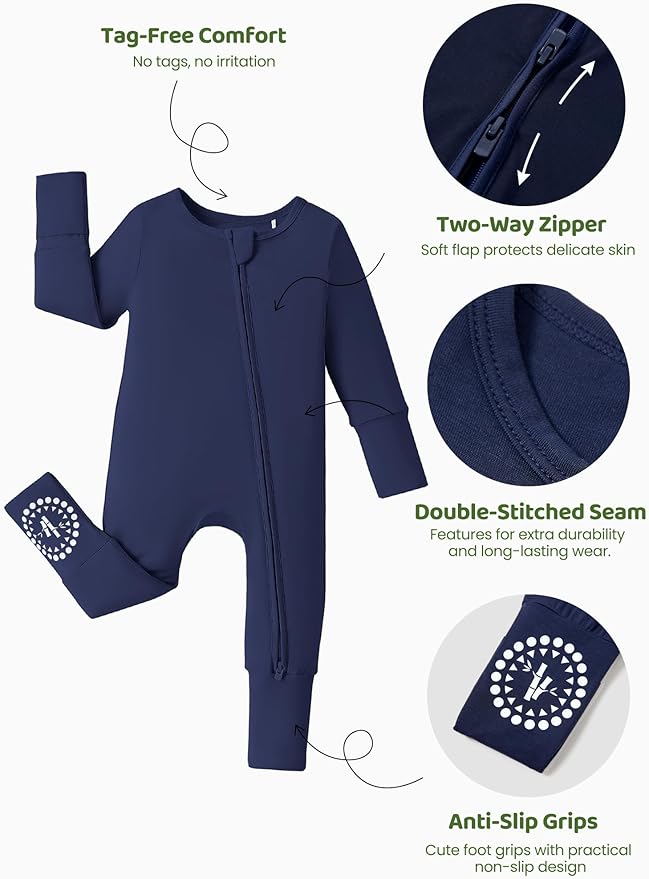 PATPAT Baby Footies Boys Girls - Bamboo Viscose - Zipper & Non-Slip Soles Romper Mitten - Footed & Footless Infant Clothes