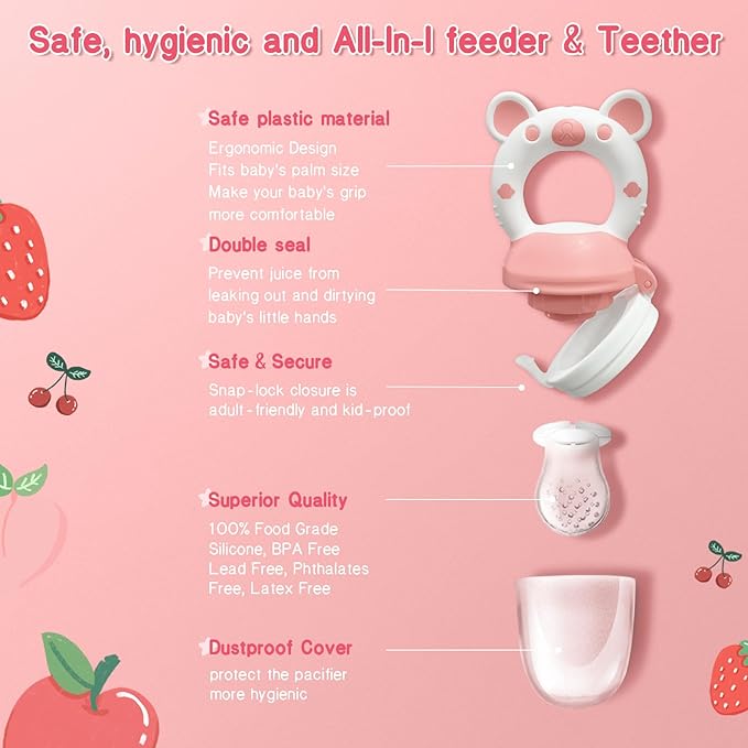 Baby Fruit Food Feeder Pacifier - Fresh Food Feeder, Infant Fruit Teething Teether Toy for 3-24 Months, 3 Pcs Silicone Pouches for Toddlers & Kids & Babies, 2-Pack (Purple Pink)