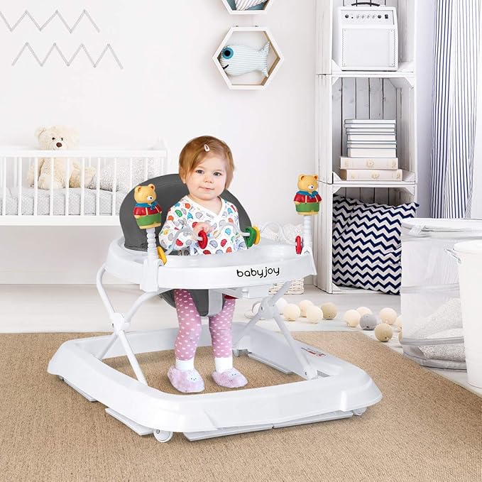 BABY JOY Baby Walker, Foldable Activity Walker with Adjustable Height, Large Tray & Removable Toys, Baby Walker with Wheels for Boys Girls 6-18 Months (Gray)