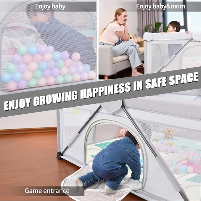 Foldable Baby Playpen 59X71 inch, iTiLike Playpen for Babies and Toddlers with 50 PCS Ocean Balls & 4 Handles, Indoor & Outdoor Kids Safety Play Pen Area, Portable Travel Play Yard