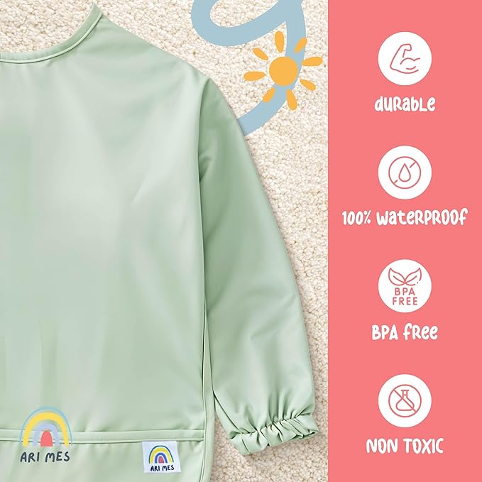 ARI MES Long Sleeves Waterproof Baby Bibs for Eating - Cars, Medium- Wearable, Coverall for Toddler, Long Sleeve Bib, Smock for Toddler, Apron for Feeding - Applicable for 6-72 Months