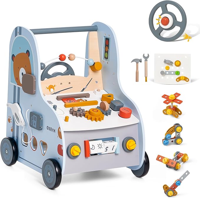 Wooden Baby Push Walker with Activity Center โ Car Traffic Theme Tool Bench Shape Sorter, Steering Wheel, Gears, Beads, Montessori Toy for Toddlers 1-3, Walking Learning Baby Push Toy Speed Adjustable