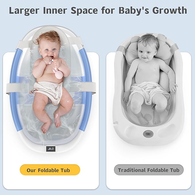 Collapsible Baby Bathtub for Newborn to Toddler 0-36 Months,Extra Large Foldable Infant Bath Tub with Thermometer,Cushion & Drain Hole,Portable Travel Tub, Baby Shower Gift Blue