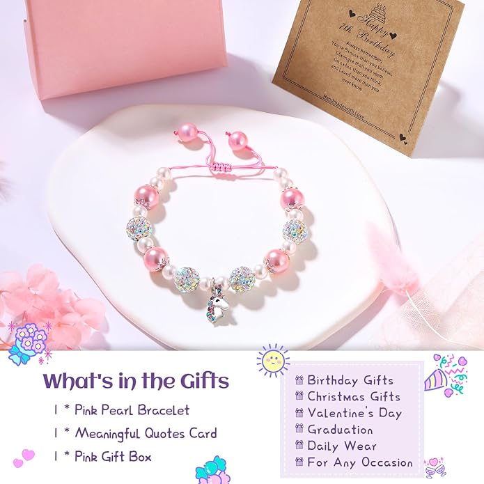 Unicorn Charm Bracelet for Girls - Adjustable Pink Pearl Kids Bracelet for Toddler Girls 4-12 Year Old- Daughter Granddaughter Child's Jewelry Gift for Birthday Christmas gifts