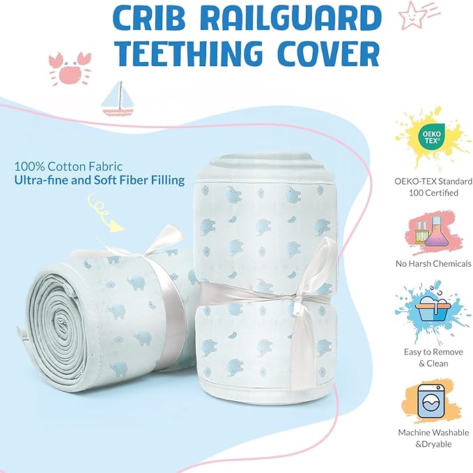 3 in 1 Crib Rail Covers for Teething,Soft Breathable Anti-Collision Crib Teething Rail Cover Edge Protector Strip(2025 New) (White-elepants)