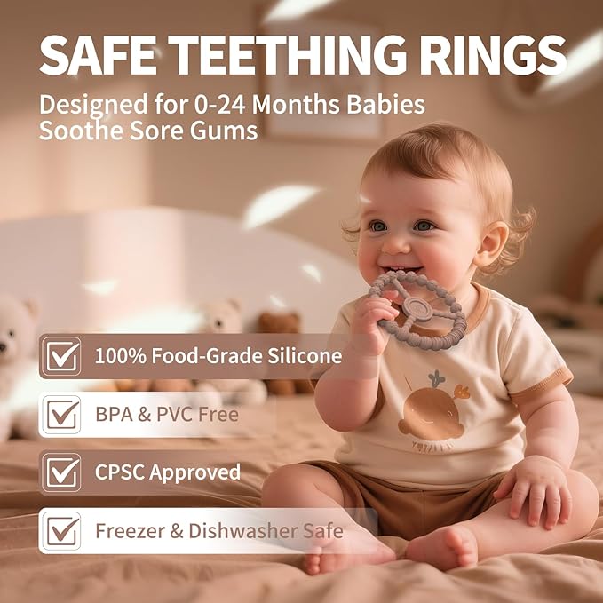 Baby Teething Toys 3-6 Months, 3 Pack Silicone Teething Rings for Babies 6-12 Months Relief, Freezable & Easy Grip Teether for Infant 0-6 Months Boys Girls, Kids Easter Gift (Clay DustyRose Brown)