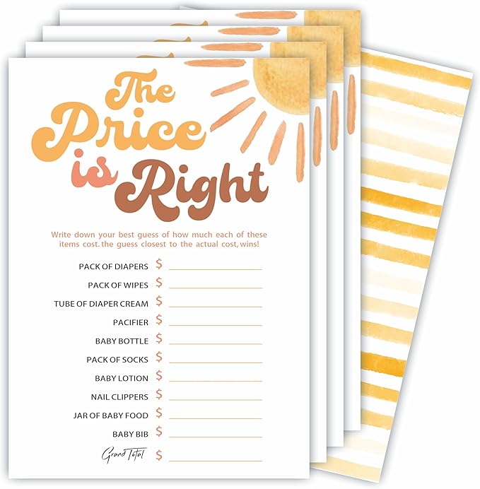 The Price is Right Game Kits for Baby Shower - 30 Double-Sided Fill in Watercolor Sunshine Style Game Cards for Gender Reveal, Baby Announcement, Party Favor & Supplies - C12